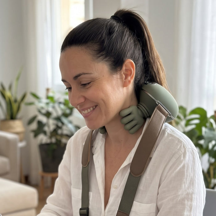 Mujer teletrabajando con el masajeador de cuello Destensia puesto