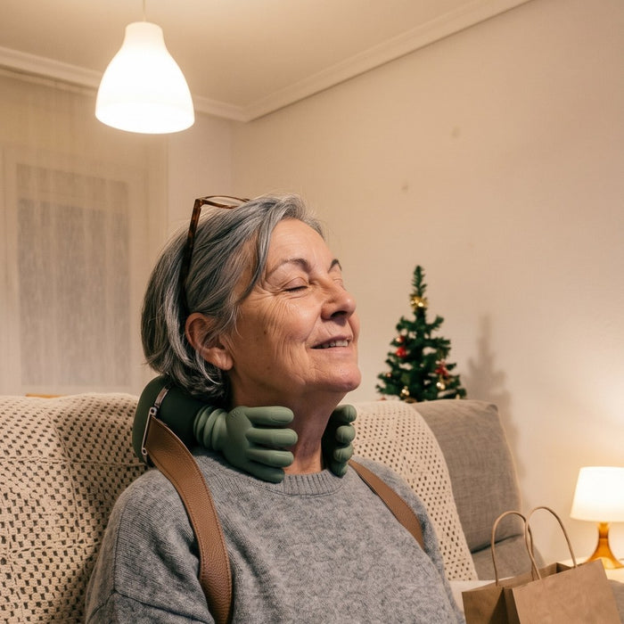 Señora con los ojos cerrados usando el masajeador de cuello Destensia en casa